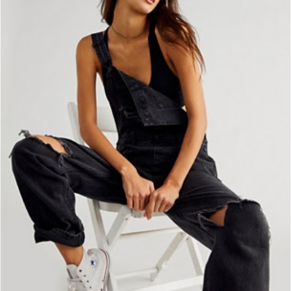 Free People Mineral Black Ziggy Denim Overalls - Distressed - M